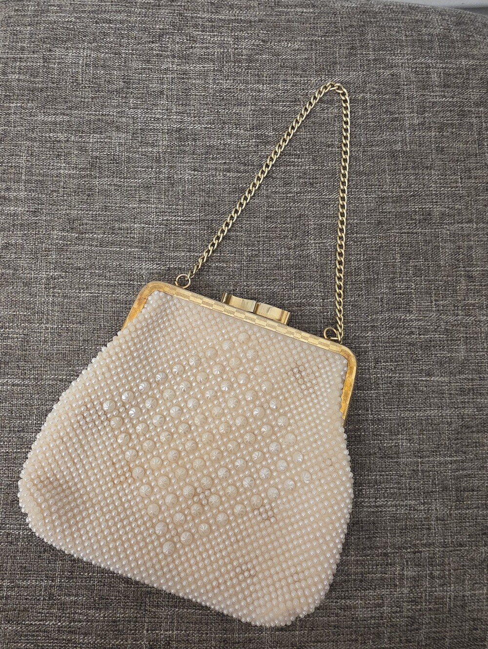 Vintage 1960s Le Jule Ivory Faux Pearl Beaded Evening Clutch